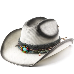 Chapeau De Cow-Boy De L'Ouest Papier De Paille Large Bord Protection Solaire Ethnique Bohème Gland Perle Turquoise Dégradé Peint