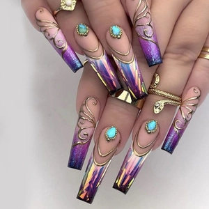 Long coffin purple blue gradient press-on nails with gold patterns and teal gemstones