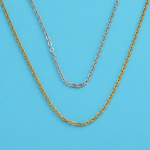 Minimalist stainless steel necklaces in gold and silver finish on blue background