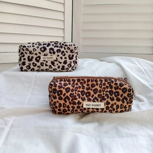 Vintage leopard print corduroy pencil case and cosmetic bag in brown and off-white colors