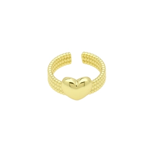 Detail of 18k gold plated heart ring featuring a beaded adjustable open band design