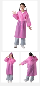 Detailed multi-angle views of pink hooded EVA kids raincoat with snaps and drawstring