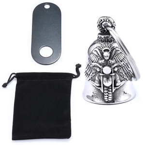 Motorcycle bell set with skull rider relief, black oval plate and velvet pouch
