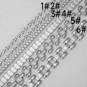 Six different styles of stainless steel chains for DIY jewelry making on white background