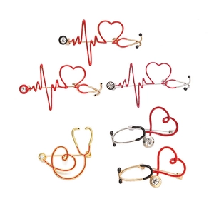 Electrocardiogram and stethoscope heart brooches with colorful enamel finish set