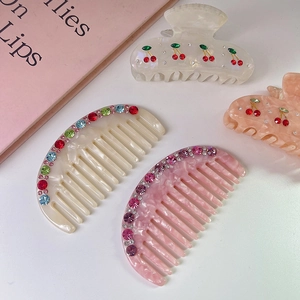 Colorful rhinestone acetate hair comb and claw clip set with marble pink finish