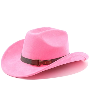 Detailed close-up of pink felt cowboy hat with decorative brown buckle strap