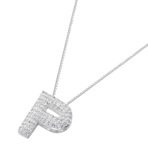 Macro shot of a silver letter P pendant with pave-set zircon stones and a box chain necklace