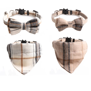 British Plaid Pet Collar And Bandana Cotton Adjustable Quick Release Buckle With Bell For Cats Small Dogs Checkered
