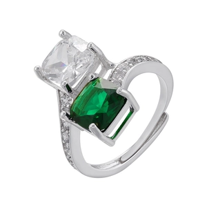 Detailed shot of silver adjustable ring with square green and white stones