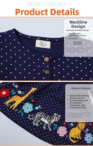 Detail of navy blue polka dot cotton dress with giraffe and lion embroidery and buttons