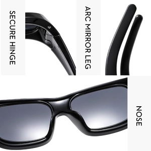 Detail of square sunglasses featuring secure hinges, arc legs, and integrated nose pads