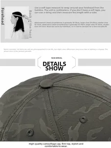 Guía de tallas para gorra de béisbol de camuflaje con instrucciones para medir cabeza
