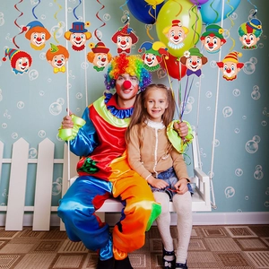 Clown theme carnival party decoration set with colorful swirls and ceiling hangings