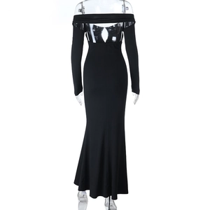 Rear view of a black off-shoulder maxi dress with slim fit and fishtail hemline