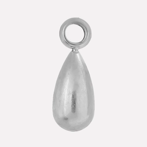 Macro shot of silver teardrop pendant showing high-polish finish and smooth metallic edges