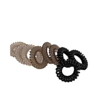 Spiral elastic hair ties in gradient grey, black, and transparent colors for women
