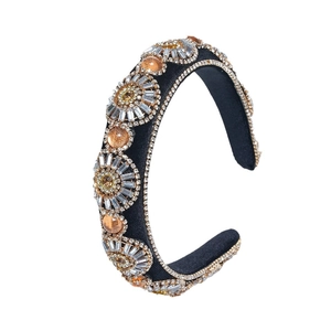 Baroque sponge headband with amber rhinestones and crystals on dark fabric base