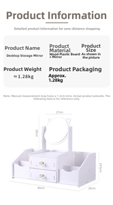 White desktop makeup organizer with cat ear mirror and dual drawers weighing 1.28kg