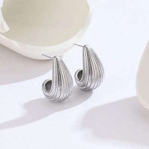 Polished silver stripe teardrop earrings in high-grade 18k style stainless steel