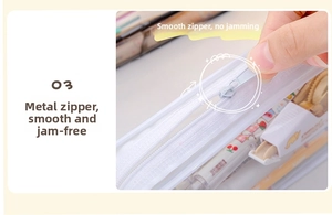 Detailed view of the smooth metal zipper on a white mesh transparent pencil case pouch