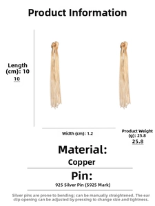 Detail of gold tassel earrings with dimensions 10cm by 1.2cm and 925 silver needle