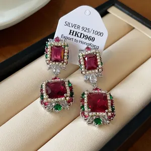 Vintage Baroque Flower Dangle Earrings With Colorful Zircon And 925 Sterling Silver Earring Post Luxury For Women