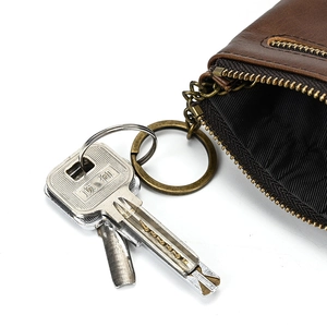 Genuine dark brown leather coin purse with triple zipper and integrated metal key ring