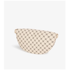 Detailed view of beige leopard print half-moon crossbody bag with leather texture