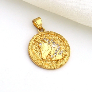 Detailed macro view of a gold circular sun pendant featuring a micro-set zircon unicorn relief