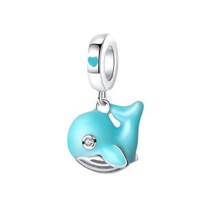 Glow-in-the-dark blue whale charm in silver with heart detail and sparkling diamond eye