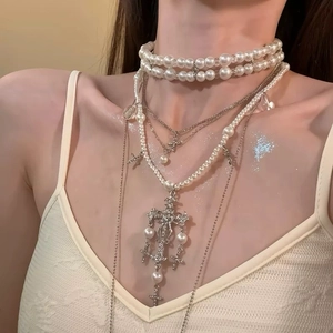 Multi Layer Necklace Faux Artificial Pearl Alloy Rhinestone Crystal Cross Pendant French Vintage Elegant Luxury Style For Women
