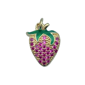 Sparkling pink zircon strawberry pendant with green enamel and gold plated metal