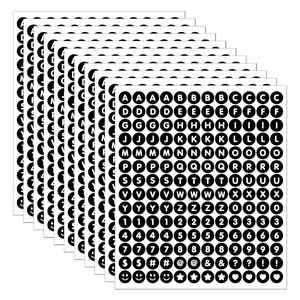 Stack of 0.5-inch black round alphabet stickers with white letters for DIY projects