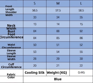 Size chart for women's blue knit jacket showing measurements for S, M, and L in cm