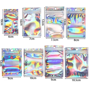 Detailed size guide for holographic laser ziplock bags in eight different dimensions