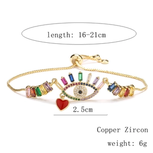 Detailed size specifications for the gold evil eye bracelet with red heart zircon