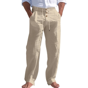 Men's khaki linen drawstring pants with button fly and straight leg for summer beach wear