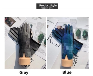 Winter gradient plaid wool gloves in grey and blue featuring stylish V-shaped wrist cuffs