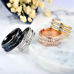 Double row rhinestone titanium steel rings in black, silver, rose gold and gold finishes