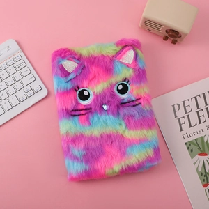 Detailed view of the colorful plush cat notebook with cute ears and soft faux fur texture
