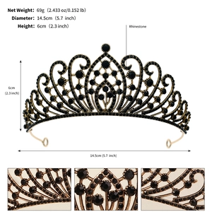 Detail view of black rhinestone crown with dimensions 14.5cm diameter and 6cm height