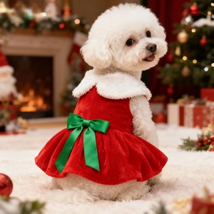 Close-up of a festive pet Christmas dress with red velvet and a green satin bow