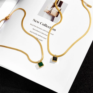 Geometric Square Zircon Pendant Necklace Titanium Steel Wide Flat Snake Bone Chain Minimalist Jewelry For Women