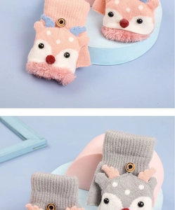Detail view of cute reindeer flip-top knitted gloves in pink and grey with plush buttons