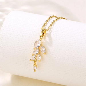 Leaf Branch Pendant Necklace Stainless Steel 18K Gold Plated Micro Pave Marquise Zircon Elegant Minimalist Jewelry For Women