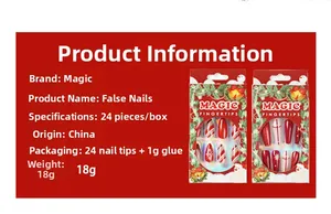 Detailed specs for Christmas press-on nails featuring red stripes, snowflakes, and glitter