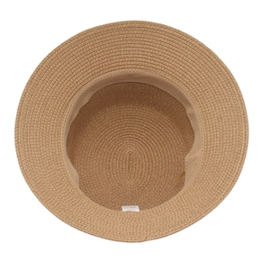 Detail of hand-woven straw hat interior showing spiral texture and sweatband