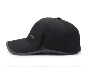 Detail of black sports cap featuring breathable side mesh and white SPORTS lettering