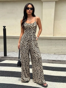 Stylish leopard print backless jumpsuit with wide legs for women in a street style look